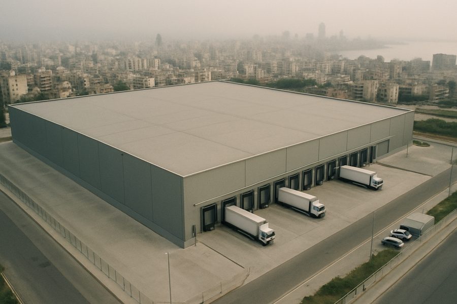 Aerial view of the L-shaped distribution facility in Beirut, Lebanon