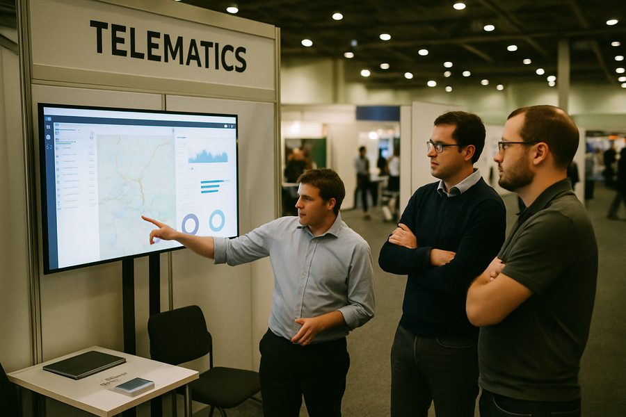 Telematics booth at a trade fair with clients discussing a fleet dashboard