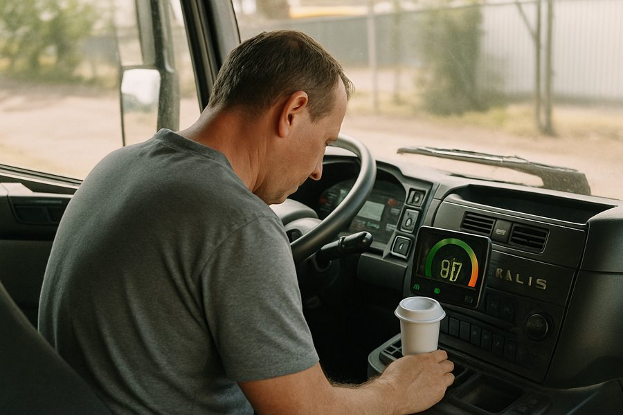 Driver looking at the Driver Coach score in an IVECO Stralis cab