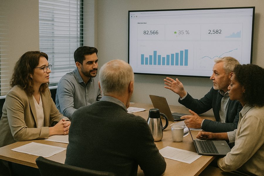 Executives discussing a Power BI dashboard in a boardroom